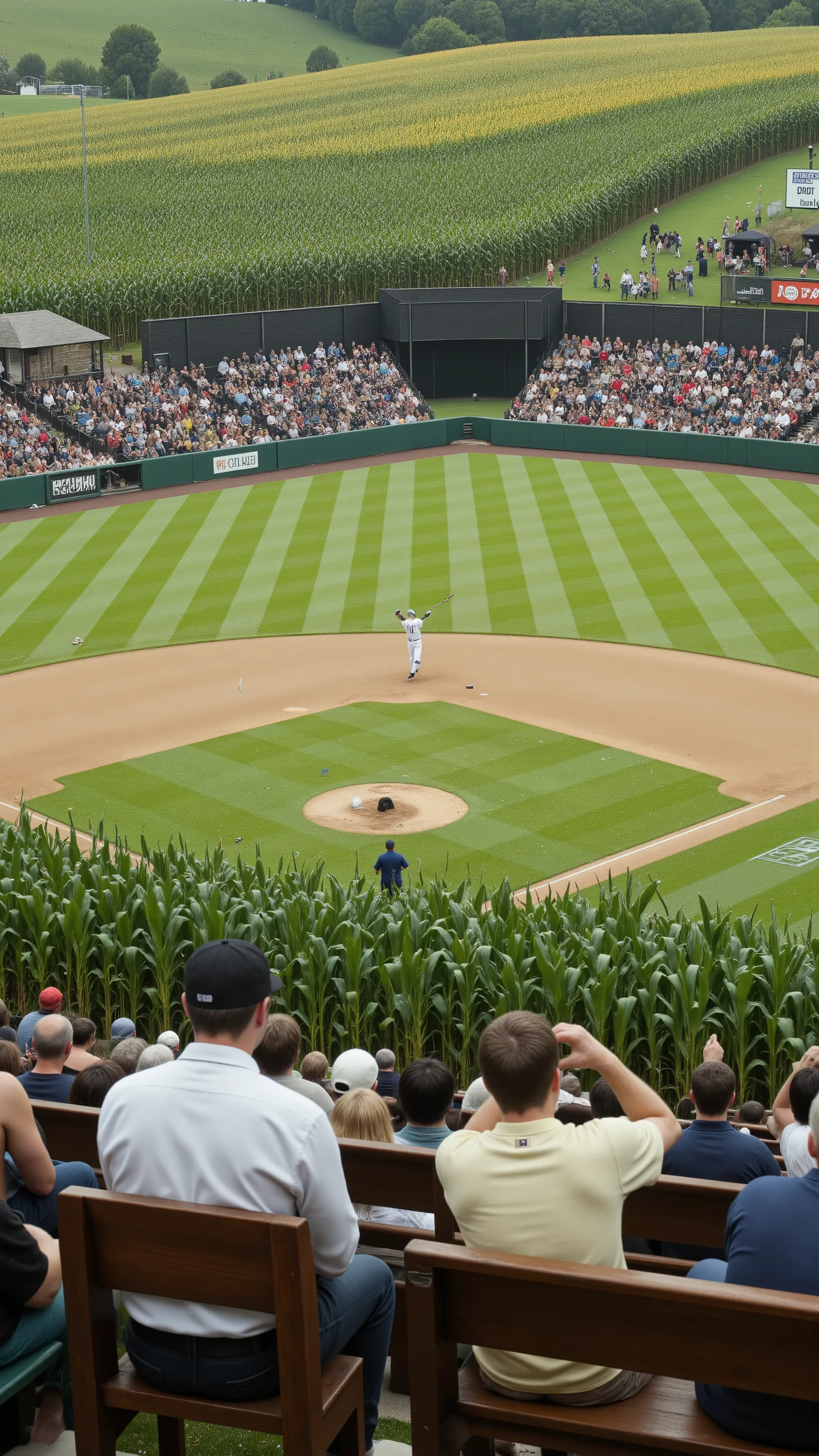 high resolution images、Iowa、the hilly corn field、There is a baseball field at、Shoeless Joe is hitting a home run、the wooden spectator seats are in a big fuss