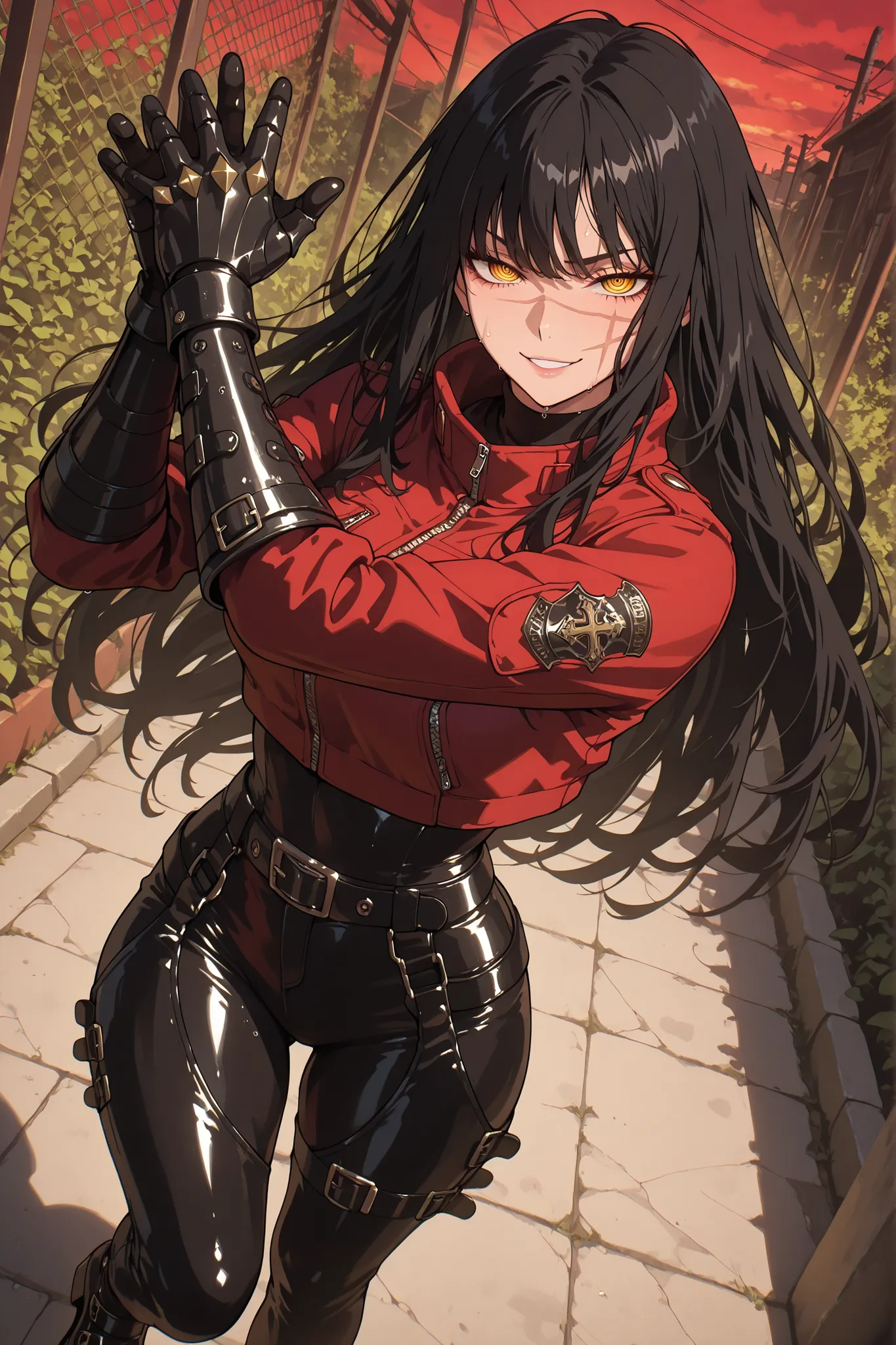 1girl, yoru, scar on cheek, cross scar, long hair, black hair, yellow/red eyes, ringed eyes, seductive look, sweat, belt, gloves, pants, long sleeves, zipper, buckle, turtleneck, jacket, cropped jacket, belt buckle, gauntlets, chaps, bodysuit, platform sho...