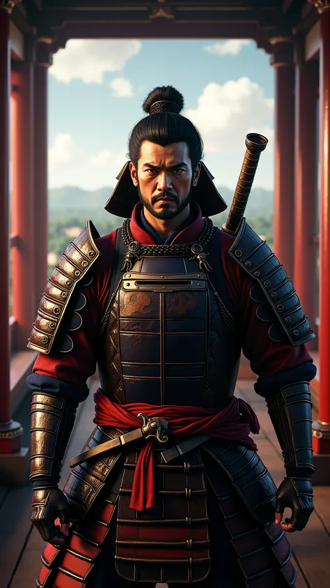 highdefinition image,Satu Kingdom Era、Oda Nobunaga wearing armor、inside Azuchi Castle、Top floor of the castle tower、( the face is visible )holds a machine gun in a pose like a rugged expression、