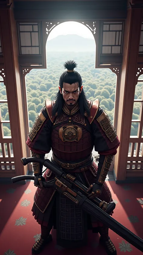 highdefinition image,Satu Kingdom Era、Oda Nobunaga wearing armor、inside Azuchi Castle、Top floor of the castle tower、( the face is visible )holds a machine gun in a pose like a rugged expression、