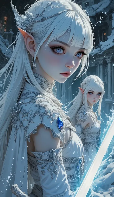 (A fusion of Ukiyo-e and dark fantasy. Aesthetic and gothic digital art. Draw a detailed face. Look away.) BREAK (White hair. Blunt bangs. White eyebrows. Long white eyelashes. Almond-shaped eyes. Lavender eyes. Dark, thick eyeliner. Small pink lips. Sligh...