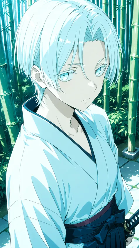 SAMURAI  giri , 
High quality ,  best quality , masterpiece,  High Resolution , anatomically correct,anime Coloring, Screencap
1girl,solo, tall woman, Cool woman,, androgynous,
White hair,short hair,, ,light blue eyes, ,  ,small breasts,
kimono,hakama,Kata...