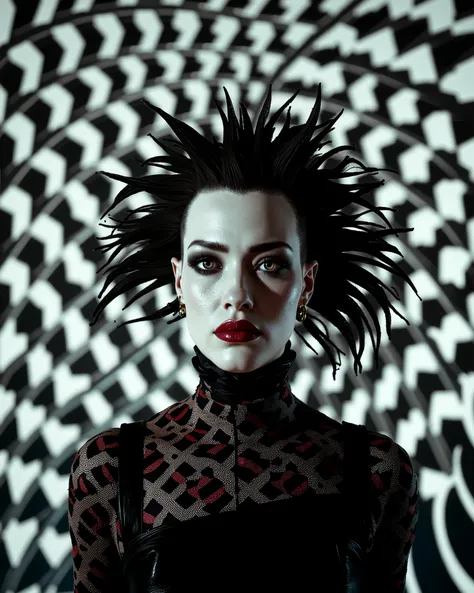 In an environment like a checkerboard: A surreal work that represents a close-up of a beautiful top model, Nordic female fashion model. The beautiful ARISTOCRAT OF VERSAILLES woman from 1703 wears classic Victorian gothic black clothing and spikes with hu...