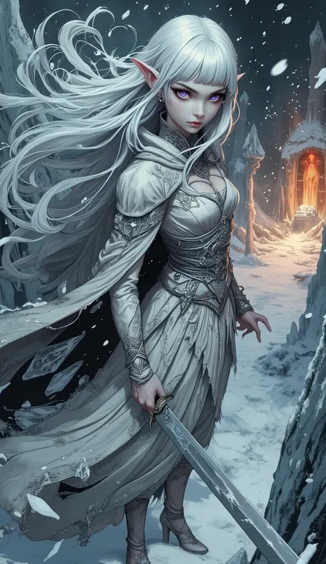 (A fusion of Ukiyo-e and dark fantasy. Aesthetic and gothic digital art. Draw a detailed face. Look away.) BREAK
(White hair. Blunt bangs. White eyebrows. Long white eyelashes. Almond-shaped eyes. Lavender eyes. Dark, thick eyeliner. Small pink lips. Slig...