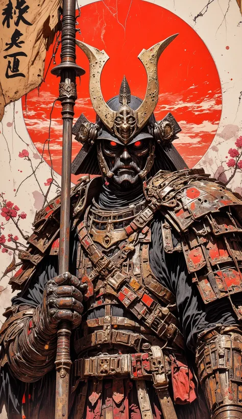 collage painting, many oni demon samurais, wires, samurai armor sashimono battle flag, multiple samurai swords, rising sun, cherry blossoms, nature, science, dramatic, sexy, romanticism, neo-classical, experimentalism, baroque, impressionism, expressionism...