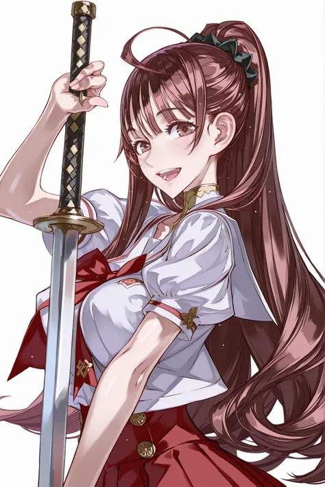 {{{masterpiece}}}, {{{best quality}}}, {{Ultra Details}}, {illustration}, {{very delicate and beautiful}} best quality long hair Chestnut hair Ponytail hair, blunt bangs ahoge,masterpiece,best quality,Amazing Quality Brown Eyes middle Breasts openmouth com...