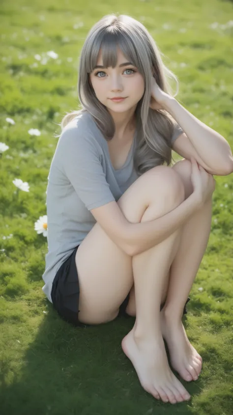 super realistic 、Realistic、full body angle、solo, One person、Barefoot、girls、cute、dark gray hair、gray eyes、 short、teenager、stand on the grass