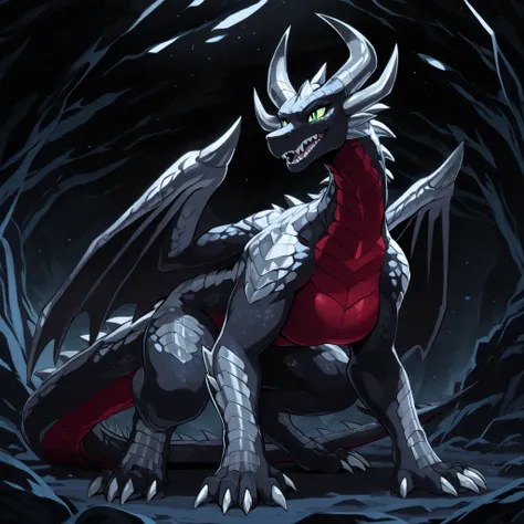 anime style, anime shading, clean lines, masterpiece, best quality, full body picture, centered, enderdragon, dragon, female dragon, 1girl, long horns, wings, claws, tail, green eyes, perfect eyes, (overlapping red chest scales), slender figure, dark silve...