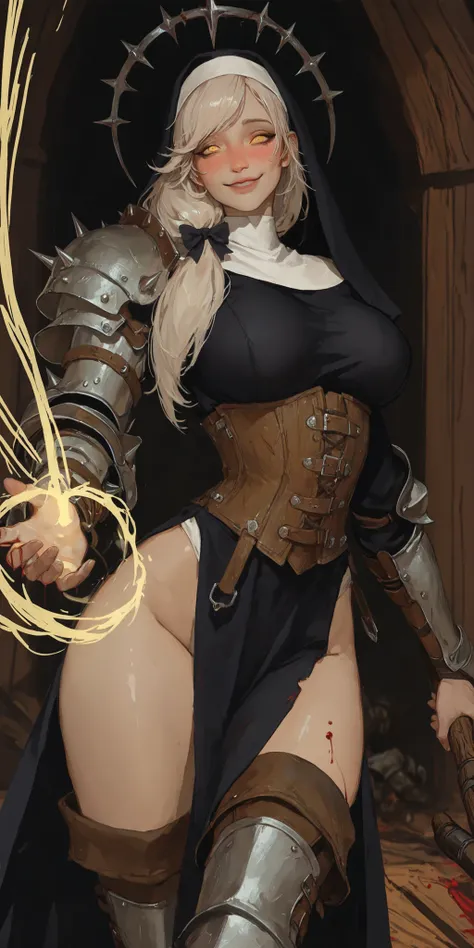 solo, female, tall, cowboy shot, nun habit, black habit, armor, knight, armor corset, thigh boots, large breasts, very short hair, straight hair, platinum blonde, long legs, yellow eyes, cute, hair bow, faint blush, fluttering clothes, pauldron, asymmetric...