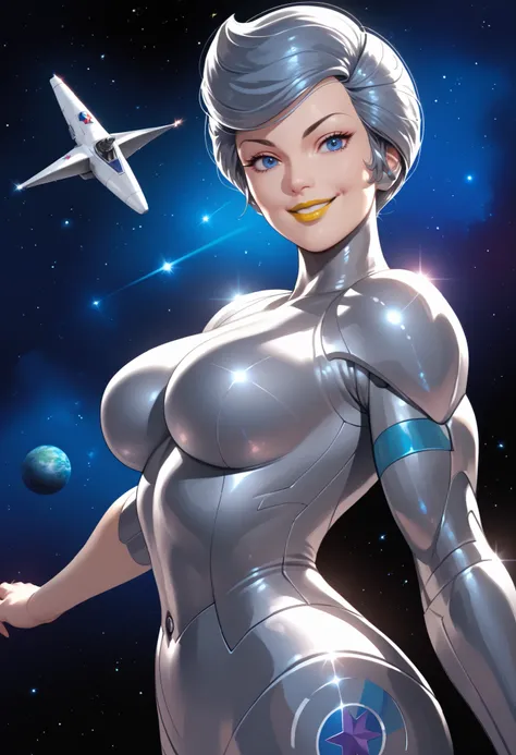 woman, big breasts, anime style, yellow lipstick, metal hair, blue eyes, white skin, steel suit, space, stars, smile, side view, focus on character, looking at viewer, open arms, thin waist, metal breasts, SteelHeart, SilverHawks