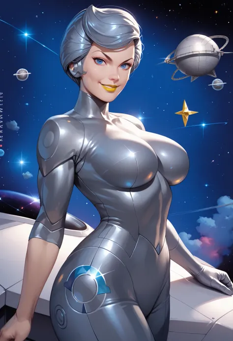 woman, big breasts, anime style, yellow lipstick, metal hair, blue eyes, white skin, steel suit, space, stars, smile, side view, focus on character, looking at viewer, open arms, thin waist, metal breasts, SteelHeart, SilverHawks