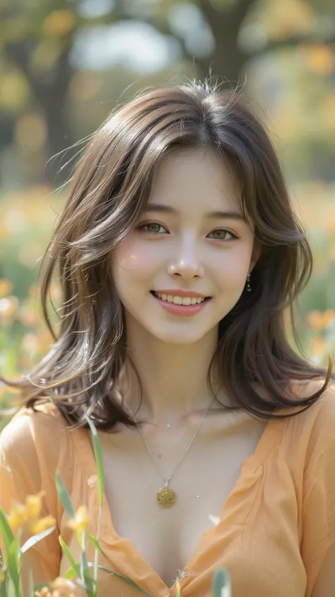 ((Medium shot)), Brightly, loudly and brightly ((laughing next to me)), (( Smile )), well-groomed hair, Surrounded by T-shirts with a sophisticated beauty that slightly shows the breastbone, ((Autumn Maple Grass))Relaxing at