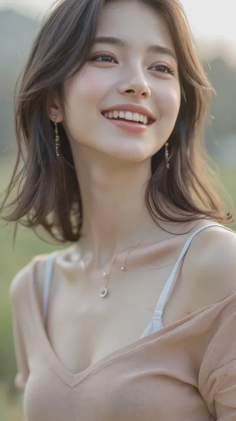 ((Medium shot)), Brightly, loudly and brightly ((laughing next to me)), (( Smile )), well-groomed hair, Surrounded by T-shirts with a sophisticated beauty that slightly shows the breastbone, ((Autumn Maple Grass))Relaxing at