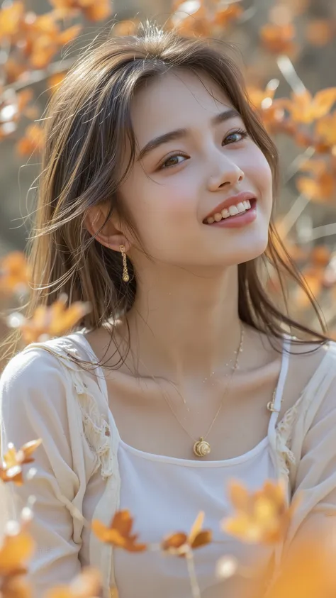 ((Medium shot)), Brightly, loudly and brightly ((laughing next to me)), (( Smile )), well-groomed hair, Surrounded by T-shirts with a sophisticated beauty that slightly shows the breastbone, ((Autumn Maple Grass))Relaxing at