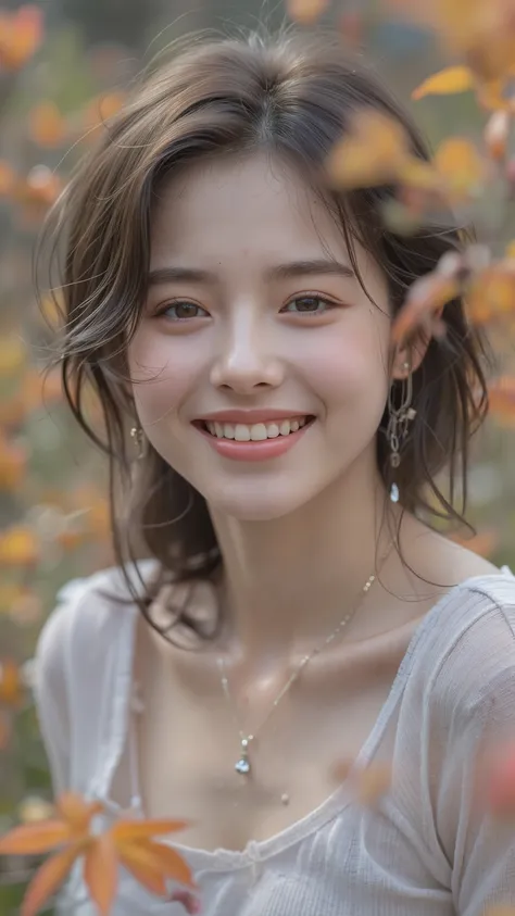 ((Medium shot)), Brightly, loudly and brightly ((laughing next to me)), (( Smile )), well-groomed hair, Surrounded by T-shirts with a sophisticated beauty that slightly shows the breastbone, ((Autumn Maple Grass))Relaxing at
