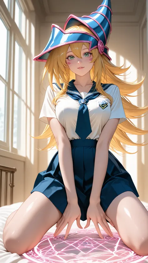 Dark Magician girls. realistic, Medium Shot Like a Painting of a Seductive White Woman, 2, 5'9" tall, perfect, Graceful physique . Her Long, Wavy Hair Is Vivid Turquoise Blue,.  She's Attractive //, Beautiful Woman in School Uniform,  Her pose is fluid and...