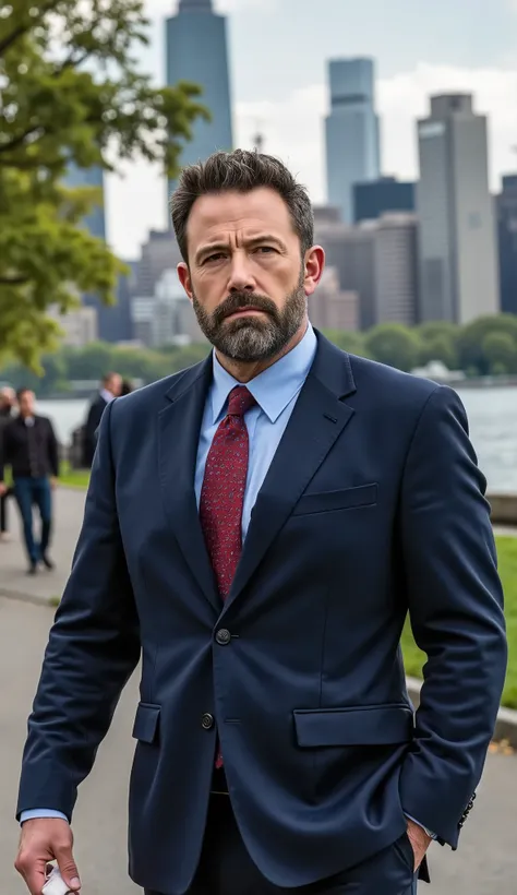Ben AFFLECK in a blue suit with red details focusing on his face in the background a city with people and trees and a lake