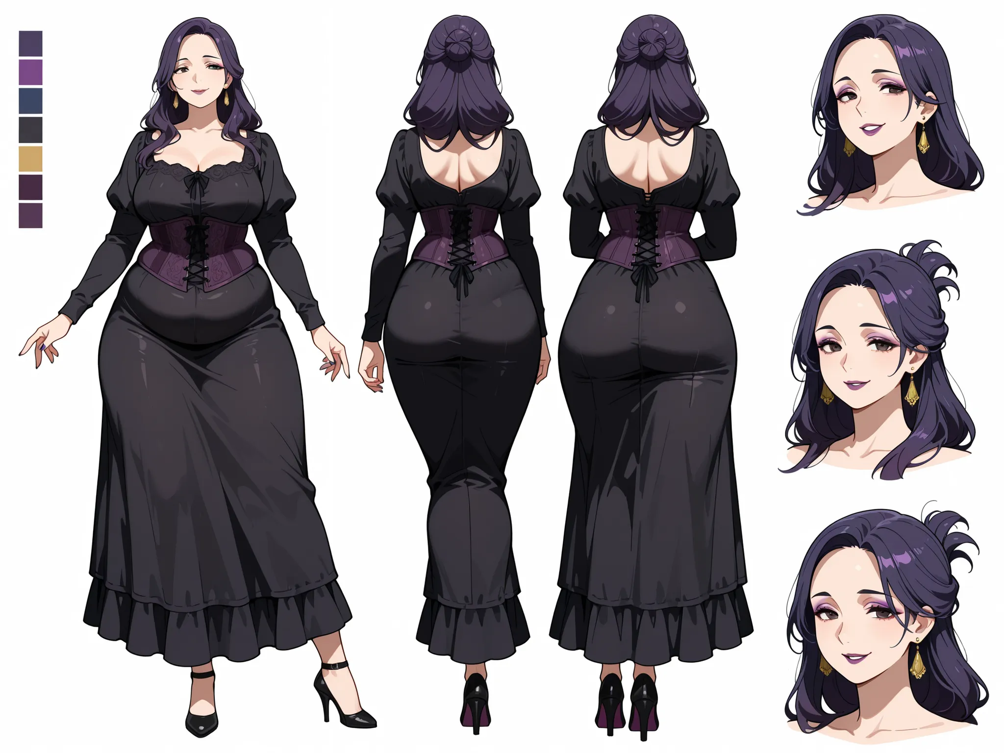 Masterpiece, best quality, character design sheet, ((mature goth woman)), clean lineart, multiple poses, makeup:0.7, loose hairstyle, hazel eyes, long hair, dark violet hair, white background, plump curvy figure, color palette swatches, front view, side vi...
