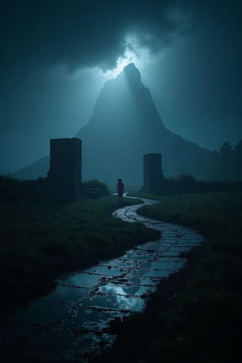 Ancient battlefield ruins in the middle of a rainy night,Torrential downpour,Lightning illuminates the skyline,Glimmer light is reflected on the muddy ground,There is a looming mountain outline in the distance,The atmosphere is depressing and dramatic,Cine...