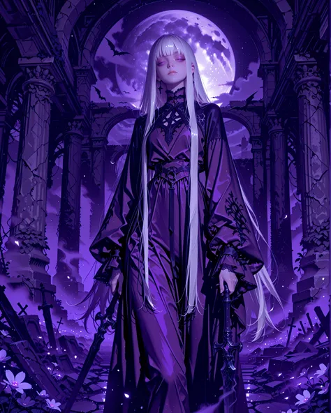 “A pale-skinned girl with extremely long white hair and straight bangs, wearing a silky purple outfit that drapes naturally. She is gently holding a bat in her arms. The scene is set under soft moonlight in ancient ruins located in an open field. A light m...