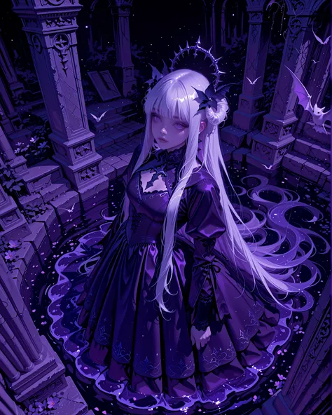 “A pale-skinned girl with extremely long white hair and straight bangs, wearing a silky purple outfit that flows naturally. Viewed from a high angle, the girl is captured in a dynamic pose — as if caught mid-motion — her hair and fabric moving with the bre...