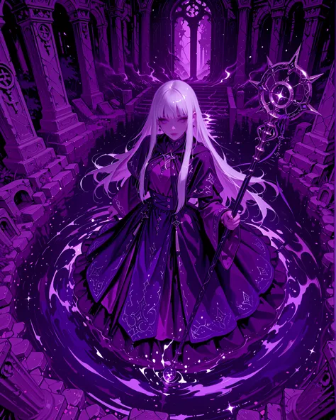 “A pale-skinned girl with extremely long white hair and straight bangs, wearing a silky purple outfit that flows naturally. Captured from a high angle, the girl strikes a dynamic, powerful pose while holding a glowing magical staff that emits radiant light...