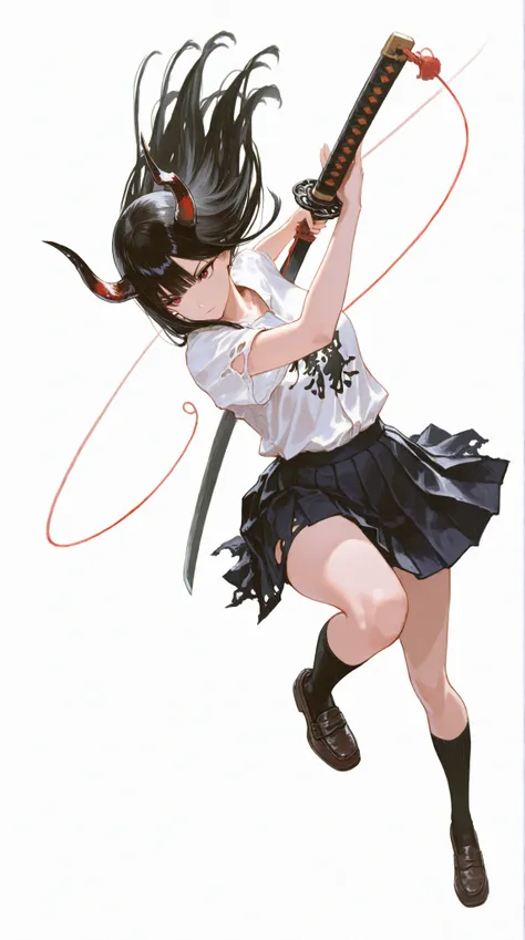Japanese woman wearing blouse shirt and miniskirt, long black hair, String, Mid-chest, Disconnect, Excessive Pressure, The pleated skirt was dynamically reversed, knee socks, loafers, Carrying a Japanese sword  , one pose, dynamic angle, Preparing for Battle, dynamic pose, Random Background, white background//Devil's Horn//Torn Uniform/