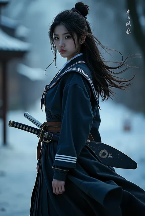 Realistic image、realistic photo style、realistic skin texture、A High School Girl Who Traveled Back in Time to the Edo Period、Wear it over a brave sailor suit、Staring in the form of a swordsman、Realistic image、Images that make you feel the story、Night Road、H...