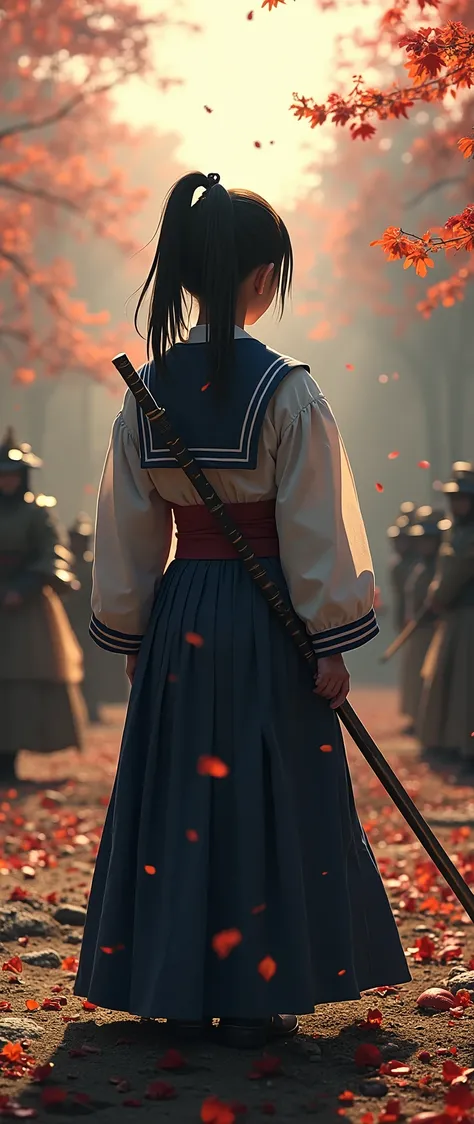 highdefinition image,girl in sailor suit、Surrounded by samurai in the distance、at the kenjutsu dojo