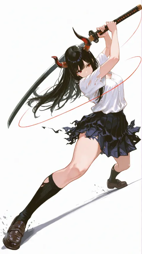 Japanese woman wearing blouse shirt and miniskirt, long black hair, String, Mid-chest, Disconnect, Excessive Pressure, The pleated skirt was dynamically reversed, knee socks, loafers, Carrying a Japanese sword  , one pose, dynamic angle, Preparing for Battle, dynamic pose, Random Background, white background//Devil's Horn//Torn Uniform/