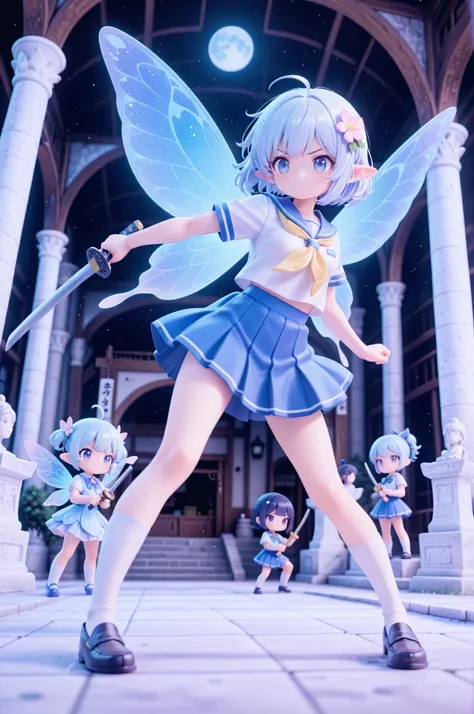 score_9, score_8_up, score_7_up, masterpiece, best quality, perfect facial features, highest resolution, 8k, amazing quality, detailed eyes, clear eyes, dynamic composition, dynamic pose, face clearly visible, Close-up of face, low angle, turn your side, view from the side, turn only your face, face close, 1girl, two people, 1chibi girl, repochi, light blue hair, short hair, fairy wings, fairy, fairy girl, (fairy girl), repochi's clothes, fairy clothes, fairy dress, JK swordsman, JK, swordsman, high school girl uniform, sailor suit, loafers, Japanese sword, serious fight, sword, kendo, rich high school girl swordsman, kendo stance, sword swing stance, sword swinging in front, samurai, samurai fighting, normal school courtyard, courtyard, concrete floor, bronze statue, school, audience watching, two girls dueling, two facing each other, Japanese sword stance, Japanese swordsman stance, dynamic pose, full body, (((clear contrast between light and dark, cool color image)))