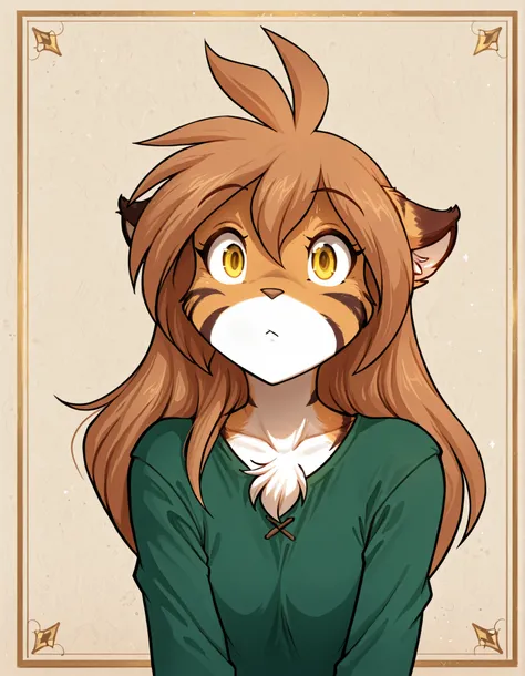 borscstyle,, masterpiece, best quality, very aesthetic, 1girl,, furry, solo, flora-twokinds, flora_twokinds,, tiger, striped fur, keidran, yellow eyes, anthro,, green shirt