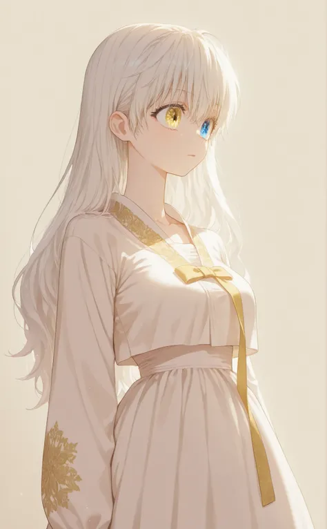 Masterpiece, newest, HD Quality, safe, good anatomy, good lighting, , good resolution, beautiful, anime. long white hair. heterochromia:Sky blue right eye and Golden Yellow left eye, glitter on the eyes, dark eyelashes, piel clara, slim build, Medium Brea...