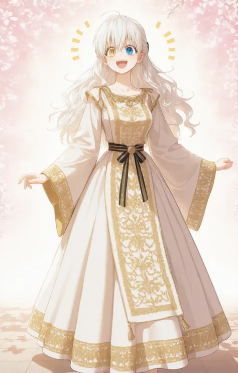 Masterpiece, newest, HD Quality, safe, good anatomy, good lighting, , good resolution, beautiful, anime. long white hair. heterochromia:Sky blue right eye and Golden Yellow left eye, happy and excited, dark eyelashes, piel clara, slim build, Medium Breast...