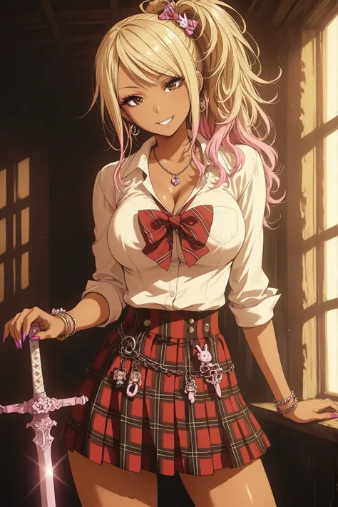 1girl, blouse, plaid skirt, sword, smile, cinematic, masterpiece, hip tilt, gyaru, cute charms on sword hilt