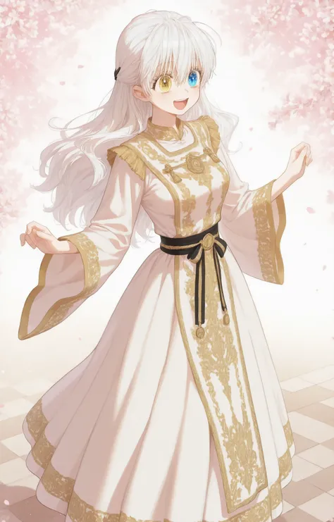 Masterpiece, newest, good quality, safe, Good anatomy 1.5, , Ultra alta definición, HD. beautiful, anime. long white hair. heterochromia: Sky blue right eye, Gold yellow left eye. happy and excited, dark eyelashes, piel clara, slim build, Medium Breasts S...