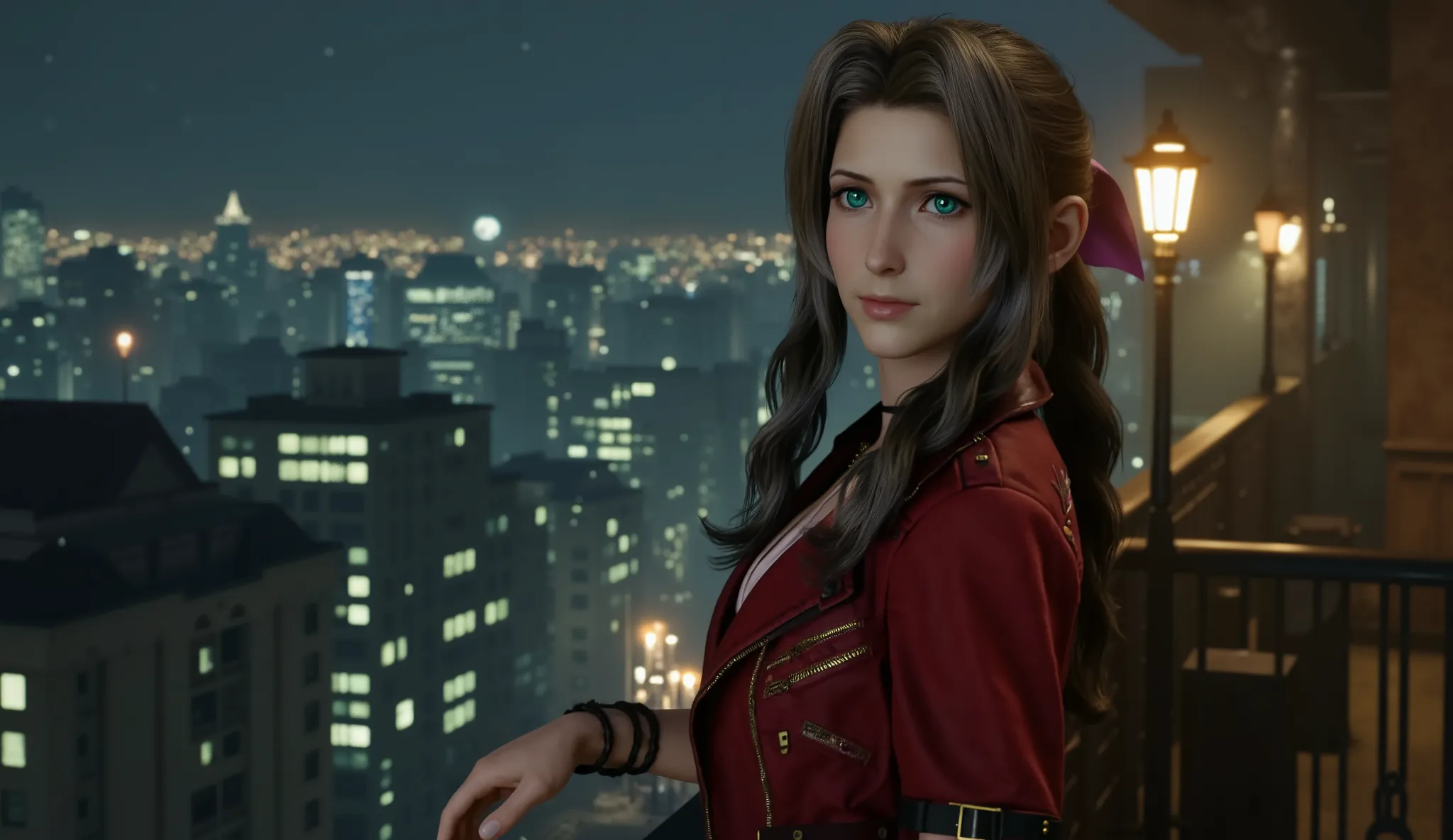 Analog photo of Aerith Gainsborough posing seductively on a balcony at midnight.
The balcony is part of an extremely tall building from which is possible to see the cityscape below., 