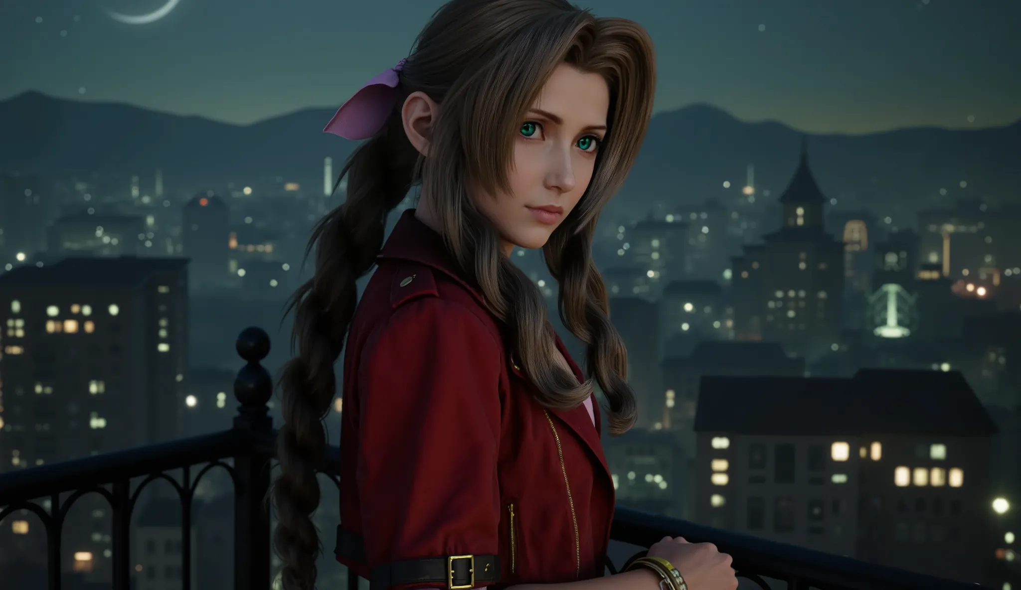 Analog photo of Aerith Gainsborough posing seductively on a balcony at midnight.
The balcony is part of an extremely tall building from which is possible to see the cityscape below., 