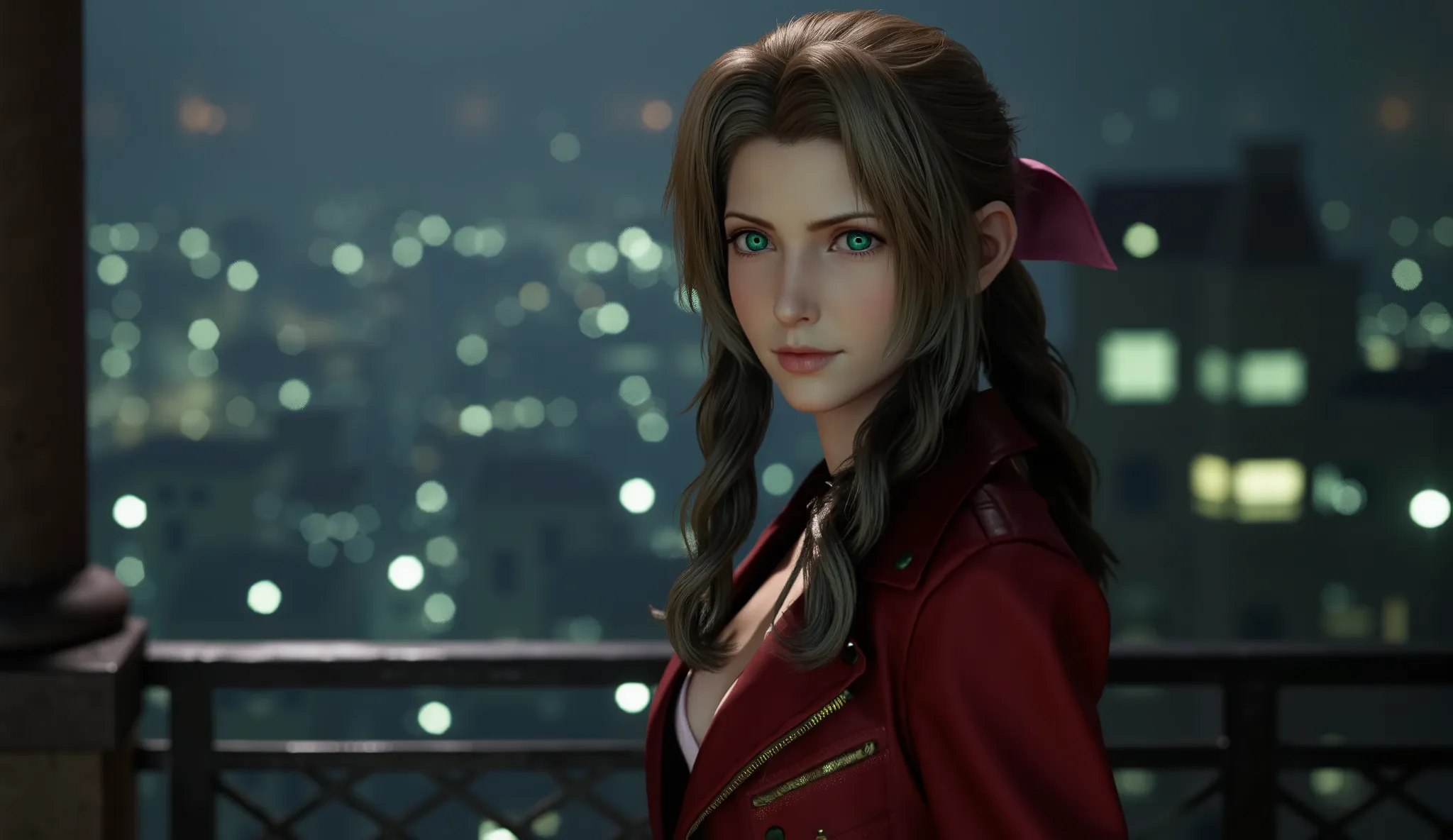 Analog photo of Aerith Gainsborough posing seductively on a balcony at midnight.
The balcony is part of an extremely tall building from which is possible to see the cityscape below., 
