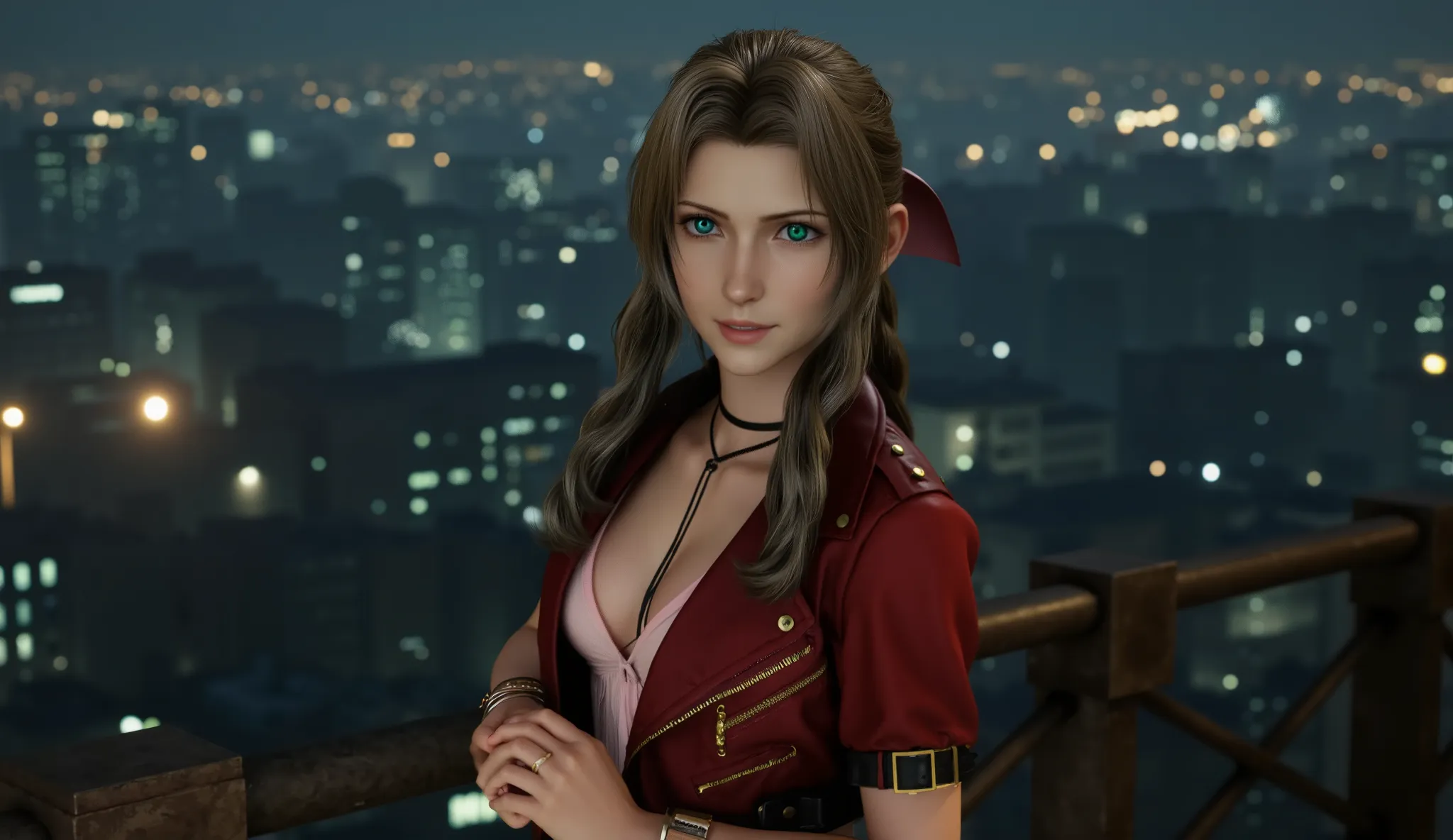 Analog photo of Aerith Gainsborough posing seductively on a balcony at midnight.
The balcony is part of an extremely tall building from which is possible to see the cityscape below., 