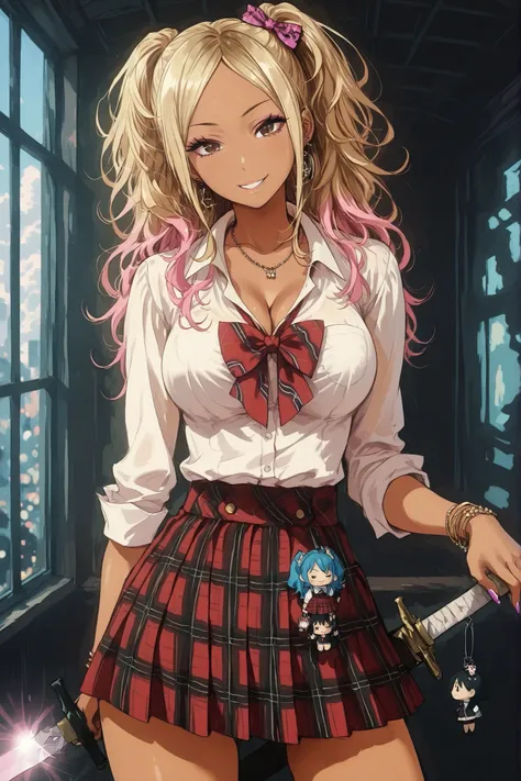 1girl, blouse, plaid skirt, sword, smile, cinematic, masterpiece, hip tilt, gyaru, cute keychain on sword hilt