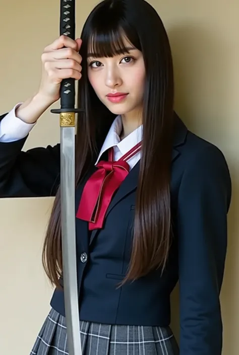 A high resolution close-up portrait photograph of an 18-year-old Japanese woman named GOGO Yubari in the movie Kill Bill, wearing a school uniform,
complete with dark blue jacket, emblem on the left chest, white collared shirt, red bowtie, grey plaid mini-...