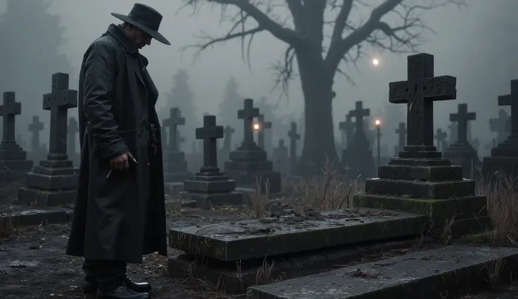 hyper-realistic cinematic scene at night in an old fog-covered cemetery, wide shot from a distance, camera angle from the side. Jack Crowley stands alone, facing an unmarked grave at a slight angle, his silhouette partially obscured by drifting fog. He’s s...