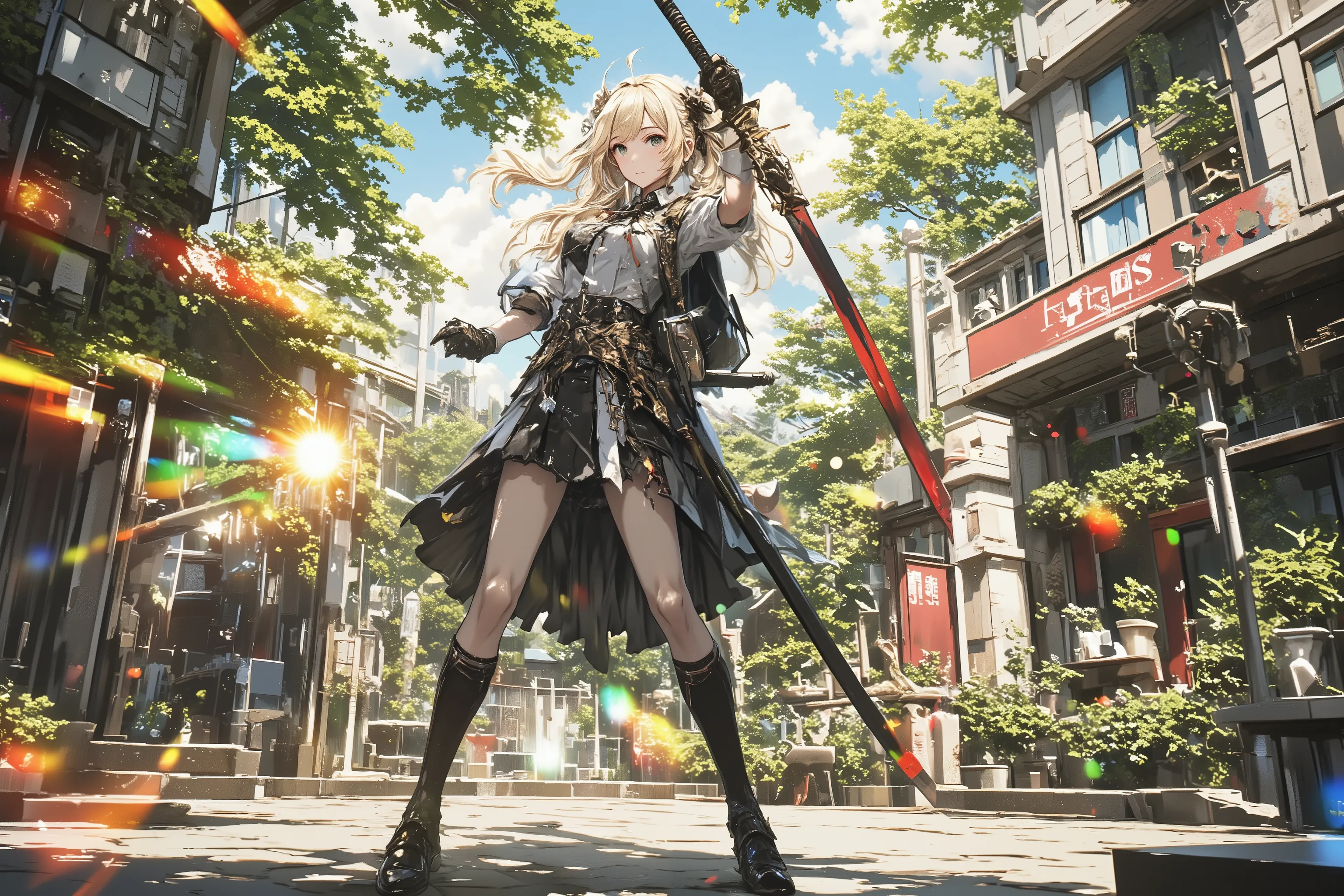 The courtyard of the school, High School Girl in Fighting Pose, Gracefully Fluttering Skirt, Resonance with Legendary Swords, Wearing a Neat Uniform, high socks and loafers, Magical Circle of Light, Soaring Crystals of Light, fantasy garden, photorealistic