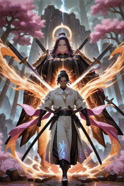 A mysterious swordsman from the legendary Order of Odashi, dark skinned, black hair with a samurai bun and purple eyes, stands atop a fog-covered cliff, wearing ceremonial robes adorned with ancient symbols and flowing fabrics that dance in the wind. He wi...