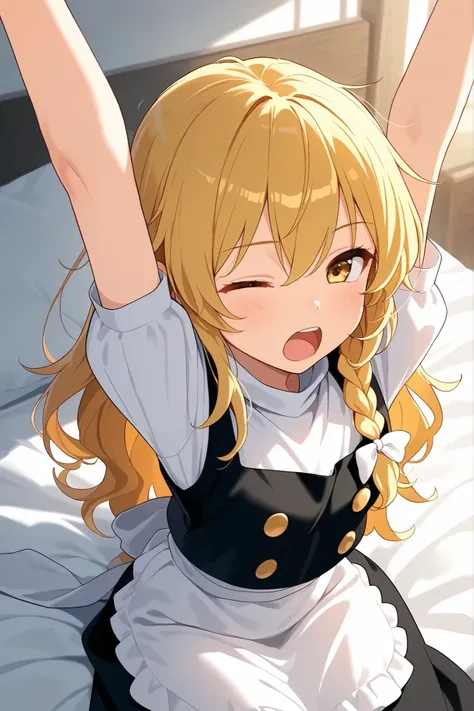 (Quality, 4k, A High Resolution, Masterpiece), Marisa Kirisame, smile, blonde hair, long hair, side braid, golden eyes, sit on bed, lazily stretching, arms extended upwards, sleepy, yawning