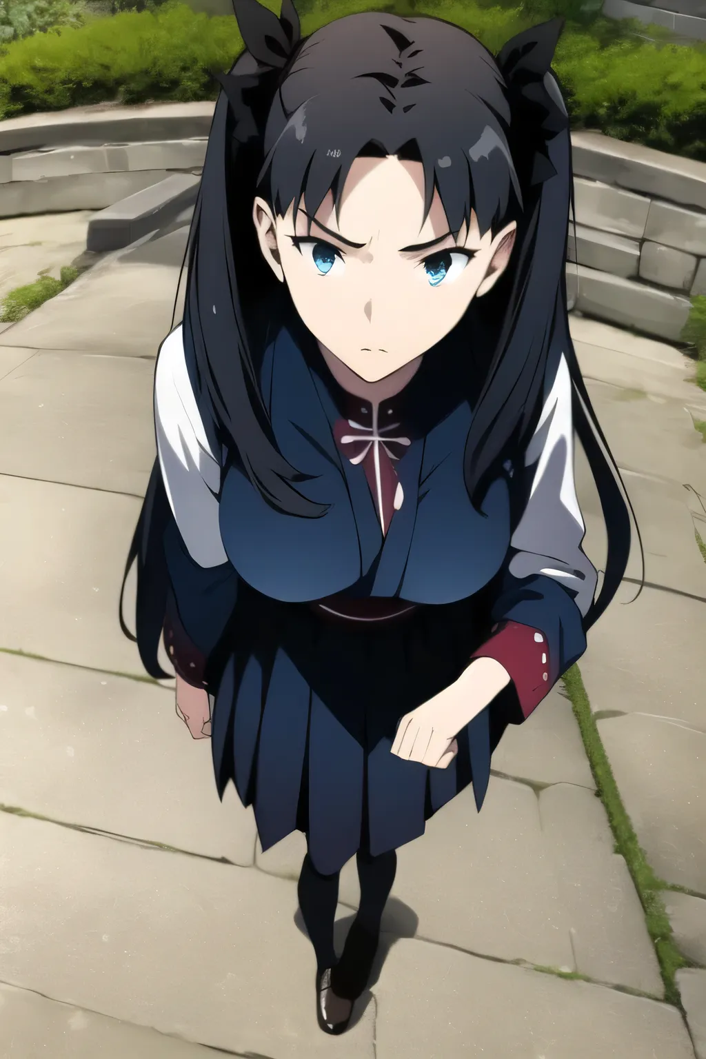 Please draw a more delicate facial expression，dark-haired woman with twin tails       ， ，Is wearing a high school uniform、can you accurately draw details of Japanese swords with long blades ，（（（Facial expression comes first, that&#39;s why、don't cut it out...