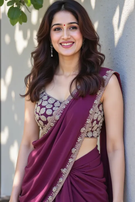 A young woman with long wavy hair smiles warmly while leaning against a textured light grey wall under dappled sunlight and shadow from leaves. She is wearing a deep purple traditional Indian outfit with intricate gold embroidery on the front, and a matchi...