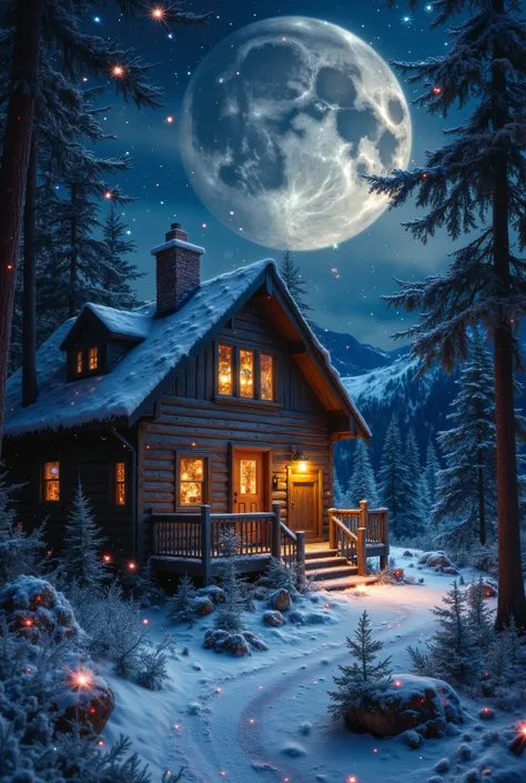 A rustic cabin at night with the lights on, there is a large moon in the sky. In the style of Thomas Kincade