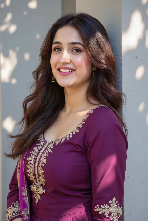 A young woman with long wavy hair smiles warmly while leaning against a textured light grey wall under dappled sunlight and shadow from leaves. She is wearing a deep purple traditional Indian outfit with intricate gold embroidery on the front, and a matchi...